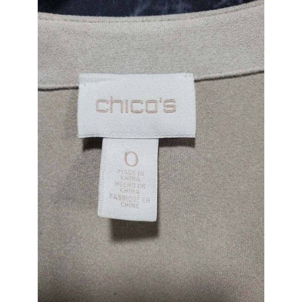 Chicos Faux Suede Open Front‎ Cardigan Womens S Tan Laser Cut Scalloped Hem Boho